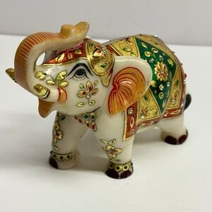 Marble Hand Painted Elephant  in Red Presentation Box Trunk Up Indian Art Decor